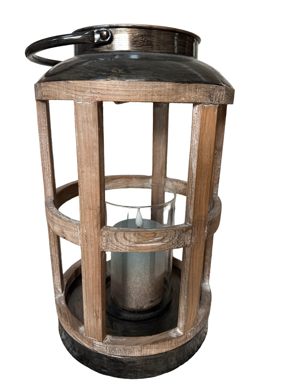Kirklands Round Metal & Wood Glass Globe Farmhouse Candle Lantern